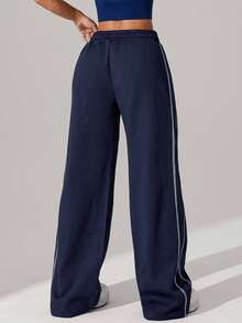 1pc Women's Waffle Knit Loose Straight Leg Drawstring Waist Contrast Color Simple Fitness Sports Pants, Spring/Summer - Navy Blue - View 3