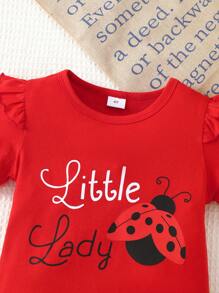2pcs Girls' Summer Casual Outfit: Cap Sleeve Round Neck Puff Sleeve Ladybug T-Shirt With Bow Detail & Ladybug Printed Ruffle Shorts, Suitable For 4-7 Years Old