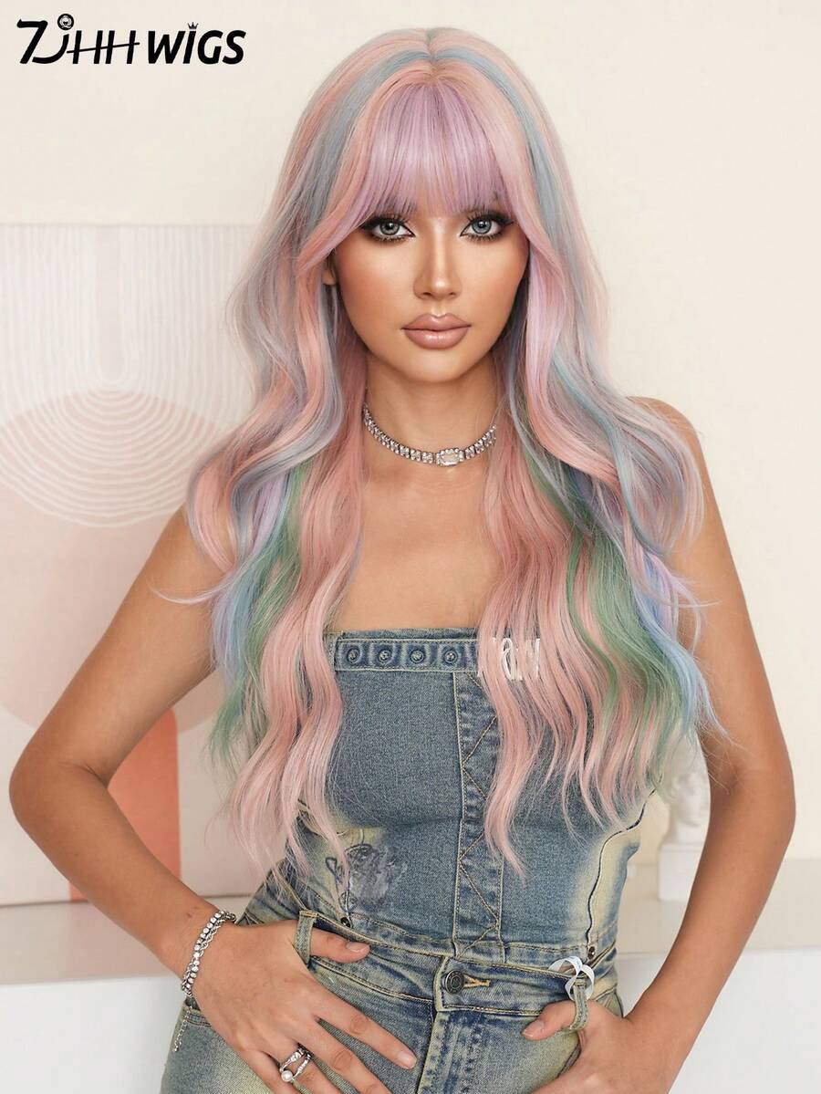 7JHH WIGS 带刘海的华丽粉色假发，长款蓬松波浪假发挑染绿蓝色头发合成耐热纤维彩色假发适合女性动漫或服装角色扮演派对狂欢万圣节圣诞节使用 28 英寸（彩虹色假发）