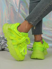 2025 Autumn Women's Neon Green Stylish Fashion Sneakers, Lace-Up, Non-Slip, Wedge Chunky Chunky Sneakers, Suitable For Holiday Parties, Gatherings, Fashionable Outings, - Green - View 3
