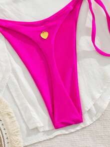 2 piezas Conjunto de bikini de tanga sexy con estampado de playa y patrón, con atar al cuello para mujer, para vacaciones - Rosa Fucsia - Ver 5