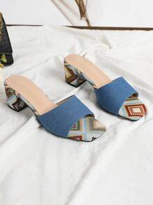 New Women's Light Blue High Heel Sandals, Simple Thick Heel Open Toe Slides - Baby Blue - View 3