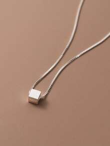 S925 Sterling Silver Simple Cube Design Pendant Necklace, Minimalist & Fashionable, Elegant Gift For Family, Friends And Couples - Silver - View 1
