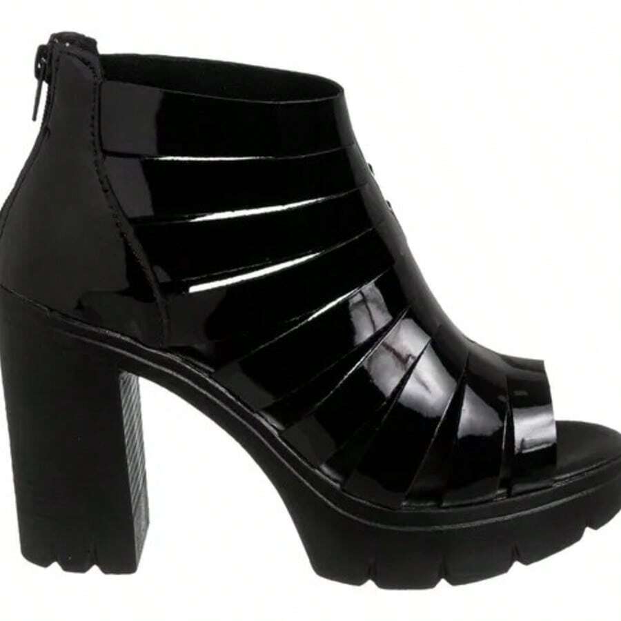 Gladiator Platform Heel Sandal Synthetic Or Patent Leather - Black Varnish - View 1