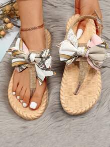 Summer Casual Versatile Flat Linen Bow Decor Sandals, Women Flat French Style Slide Sandals, Beach Slippers