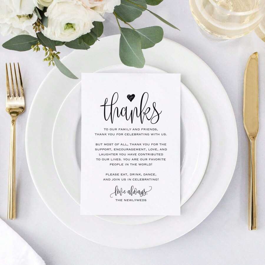 50 pièces Cartes de remerciement pour table de mariage, décoration de table, réception, cartes de remerciement pour enterrement de vie de jeune fille, cartes postales, cérémonie de mariage, fête, célébration ou cartes pour événement spécial, Noël