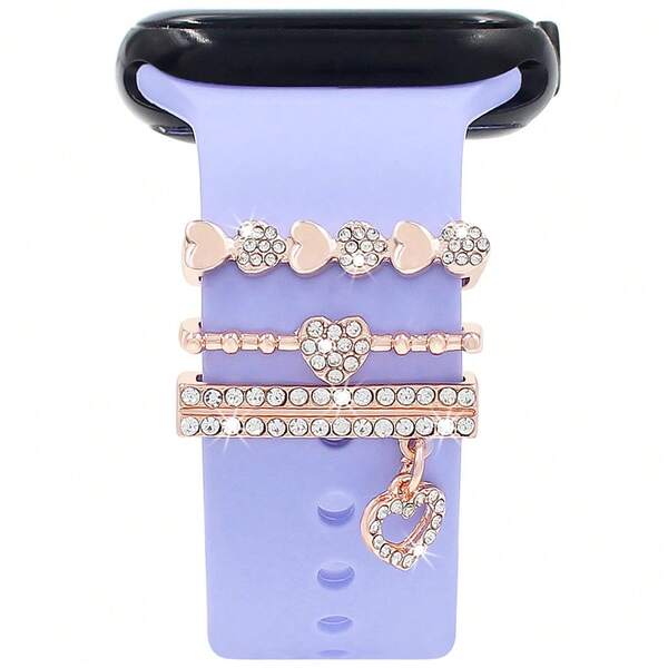 Conjunto de acessórios de anel de moldura de relógio 3 peças serve para todas as pulseiras de relógio de 22 mm, pulseiras de silicone para Apple Watch, decoração de cristal de coração, essencial da moda