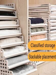 1pc Multi-Layer Stackable Wardrobe Storage Basket,Drawer Style Partition Shelves,Closet Organization Rack - Beige - View 3