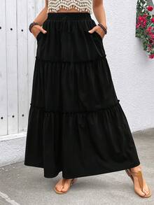 女式黑色长裙弹性腰部荷叶边分层夏季波西米亚长裙带口袋 - 黑色 - 查看 7