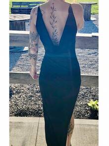 Women's Side Slit V-Neck Sexy Stylish Party Dress - 藏蓝色 - 查看 5