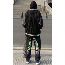 Jupkem American Rock And Hip-Hop Street Men's Pants With Star Pattern Patch Design, Loose Straight Leg Wide Leg Casual Pants, High Street Ins Jeans, Black