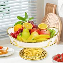 Ceramic Fruit Bowl For Kitchen Countertop, Decorative Bowl For Home Decor, Gold Fruit Bowl, Large Handmade Ceramic Fruit Serving Bowl, For Small Kitchen Countertops & Dining Table - White - View 1