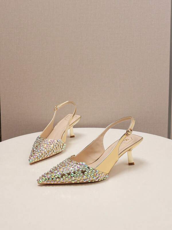 Tacones altos puntiagudos dorados elegantes para mujer, stilettos, tacones altos con aplicaciones de rhinestones, slip-on, adecuados para fiesta, citas, boda y uso diario en el trabajo - Moda versátil, de corte bajo, fáciles de usar, estilo Mary Jane