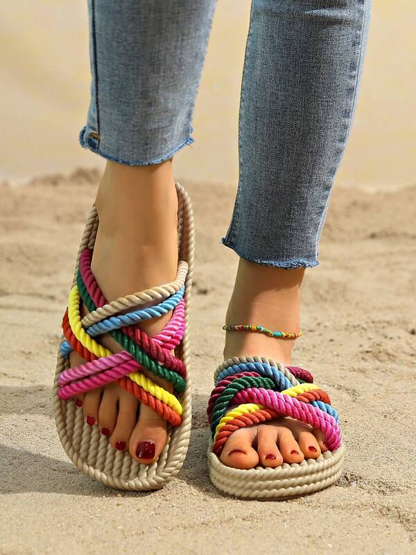 Bohemian Multicolor Braided Rope Criss-Cross Women Wide Summer Sandals, Comfortable & Versatile, Must-Have Fashion Item For Beach & Summer Outings