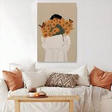 1 Pc Framed Sunflower Bouquet Woman African American Wall Art Textured Canvas Poster Painting Wall Decor For Bedroom Living Room, Ready To Hang