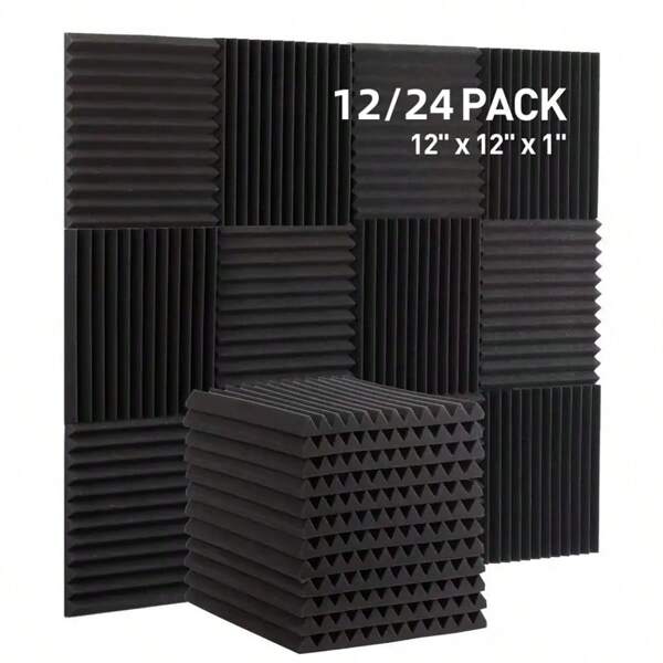12/24 Stücke schallschluckende Schaumstoffplatten aus schwarzem Schallschutz-Schaum, Maße 30*30cm, schwer entflammbar, hohe Dichte, schnelle Regeneration, einfache Installation, keilförmige Schallschutzplatten geeignet für Tonstudios, Heimkinos, Spielzimmer, Schallabsorptionspaneele, Besprechungsräume, Büro-Schallschutzwände