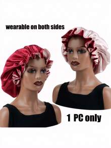 1 件装双层撞色缎面睡帽，大号褶边发套，美容护发头带帽