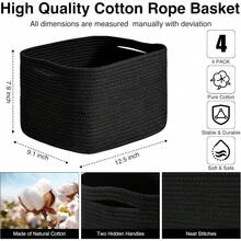 Storage Baskets For Organizing, Woven Baskets For Storage, Storage Baskets Bin For Shelves, Cotton Rope Basket With Handles, 12.5"Lx9.1W"X7.9H", (4 Pack) White - Black - View 3