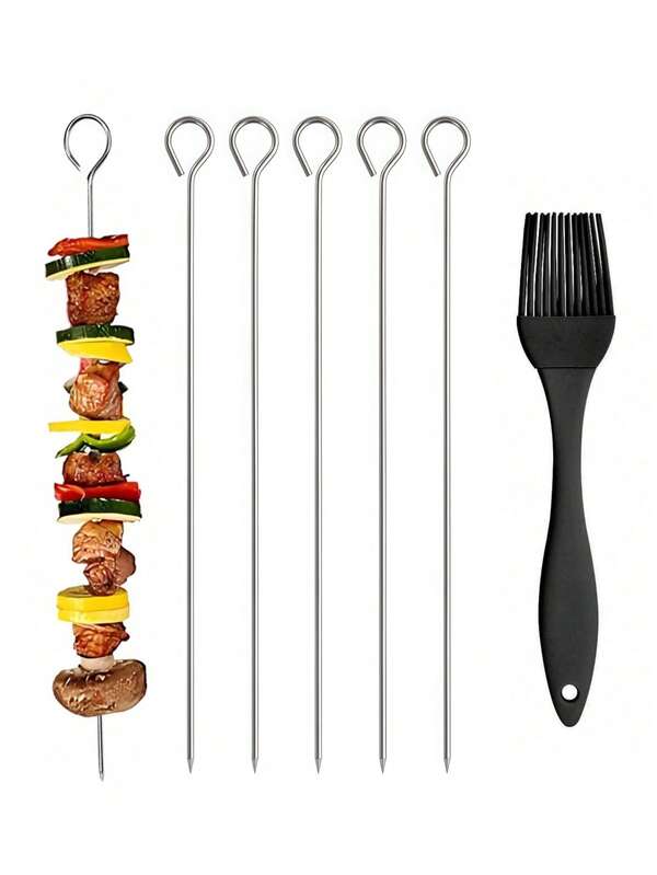 15根烤肉串，不锈钢烧烤金属烤肉串，配油刷，长13.8英寸。这些烤肉串可重复使用，是适合户外烧烤和家庭聚会的金属烧烤串。