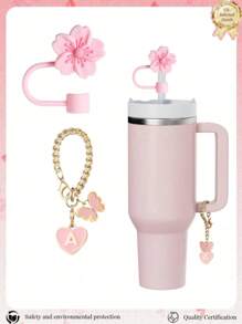 2pcs/Set Accessories For 30-40oz Cups, Pink Letter Cup Marker And Silicone Fuchsia Flower Straw Lid, Silicone Anti-Slip Protective Cover, Reusable 10mm Thick Straw Lid, Cute Letter Decor Fits Modern Minimalist Glass Cups, Back To School Supplies