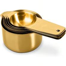Juego de 13 piezas de tazas y cucharas de medir, de acero inoxidable 18/8 de alta calidad con mango ergonómico y conector de anillo, en color plateado - Oro - Ver 3