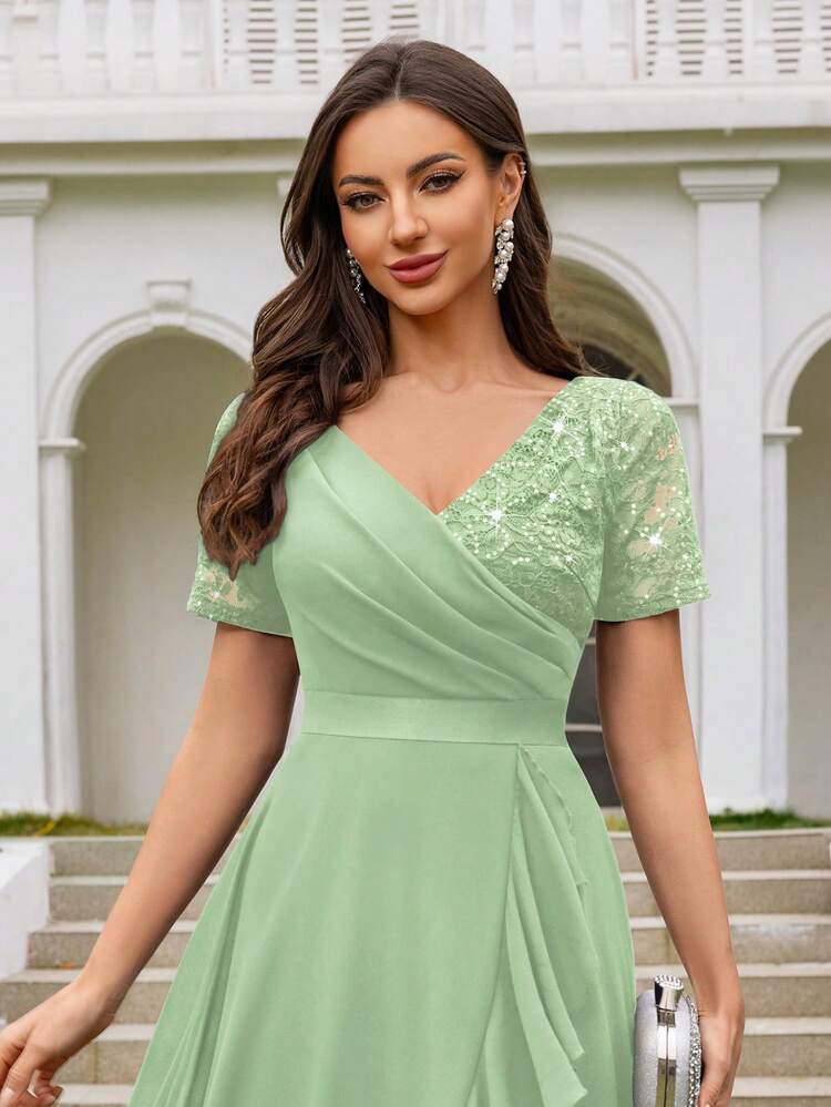 MIUSOL V-Neck Sequin Lace Contrast Color Chiffon Ruffle Hem Elegant Ball Gown Skirt, Suitable For Wedding Guest, Formal Dinner And Other Occasions - Mint Green - View 8