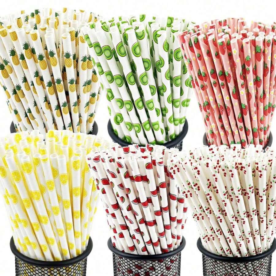25/50/100/200pcs/Pack Disposable Paper Straws With Multi-Pattern Fruit Designs, Suitable For Parties, Birthdays, Baby Showers, Juices, And Milkshakes, Christmas Party Christmas Decor Christmas Decorations Christmas Gifts And, Halloween Party Halloween Decor Halloween Decorations Halloween Gifts, Merry Christmas Wedding Tableware Birthday Party Anniversary Summer Beach Back To School School Supplies Room Decor - Multicolor - View 1