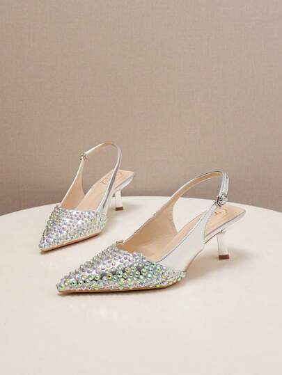 Women's Elegant Pointed Toe Silver High Heels, Stilettos, Slip-On Rhinestone High Heels Suitable For Party, Date, Wedding And Daily Work - Versatile Fashion, Low-Cut, Easy-To-Wear Mary Jane Pumps