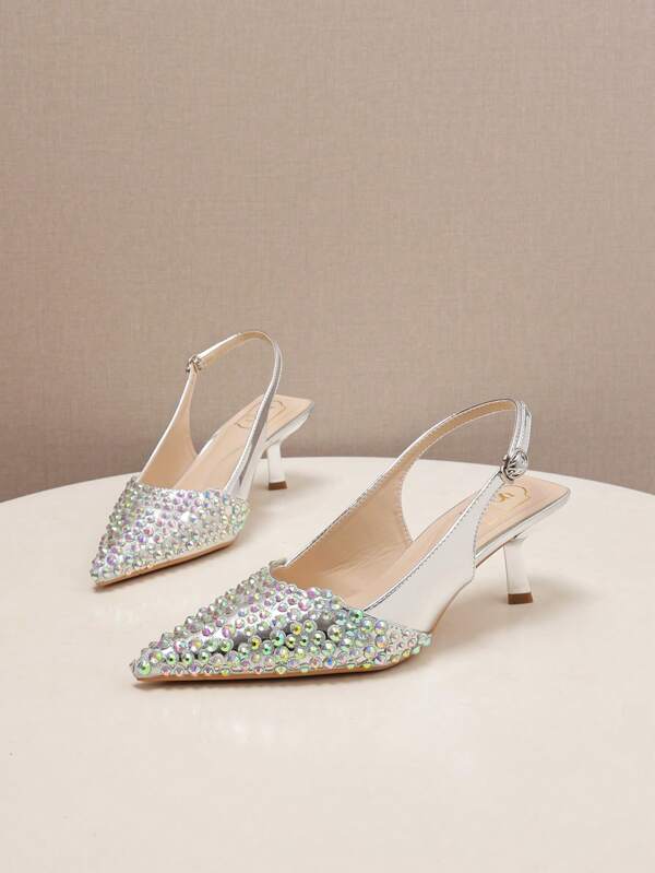 Tacones altos elegantes de punta fina plateados para mujer, stilettos con strass, tacones altos tipo slip-on apropiados para fiesta, cita, boda y trabajo diario - Moda versátil, de corte bajo, fáciles de usar, zapatos tipo Mary Jane