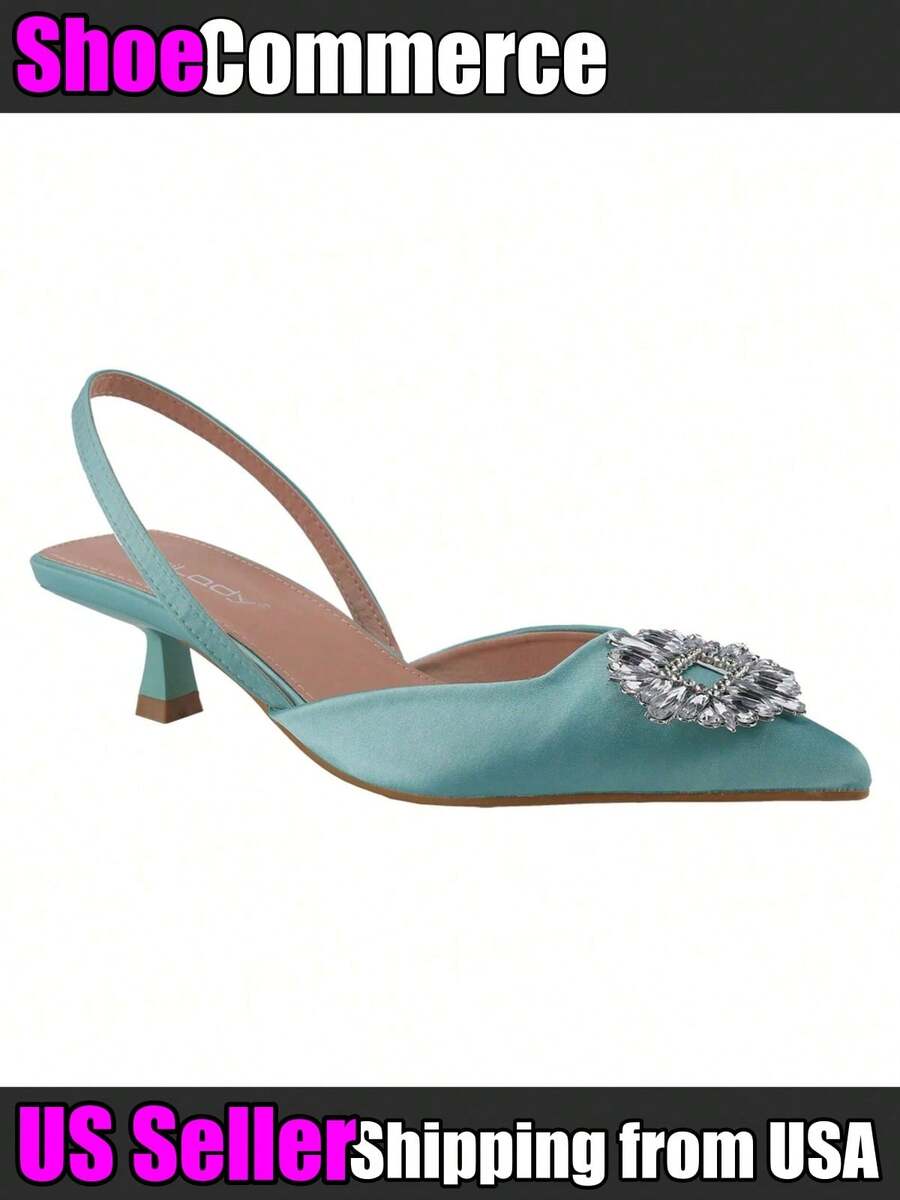 Women's Low Toe Slingback Square Buckle Heeled Sandals Stiletto Heels Slip On Party Dress Shoes Summer Shoes - Màu xanh Bạc hà - Xem 1