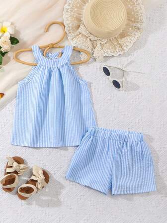 2 Parça Kız Çocuk Rahat Çizgili Askılı Atlet ve Pantolon Takımı