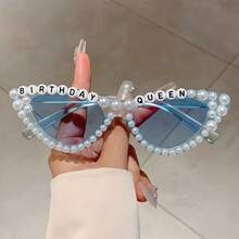 1 Pair Women's New Full Frame Cat Eye Style Glasses Fashion 'Birthday Queen' Letter Frame Retro White Glasses Artificial Pearl Decoration Multi-Color Unique Glasses Suitable For Birthday Party - 黑灰色 - 查看 5
