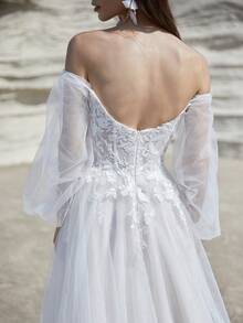 露肩长袖蕾丝刺绣紧身胸衣搭配闪亮薄纱，适合婚礼派对户外花园婚纱，女士拉链后背舞会礼服婚礼正式礼服带拖尾，新娘 - 白色 - 查看 6