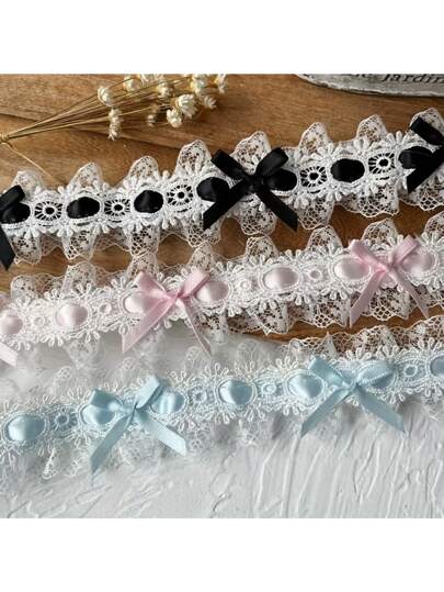 1/3/5M French Style Double Layer Satin Ribbon Embroidered Lace Trim With Cute Bow, DIY Wedding Dress Material, Fabric Lace Ribbon For Clothing, Hair Accessories, Home Decor, Multi-Color Options