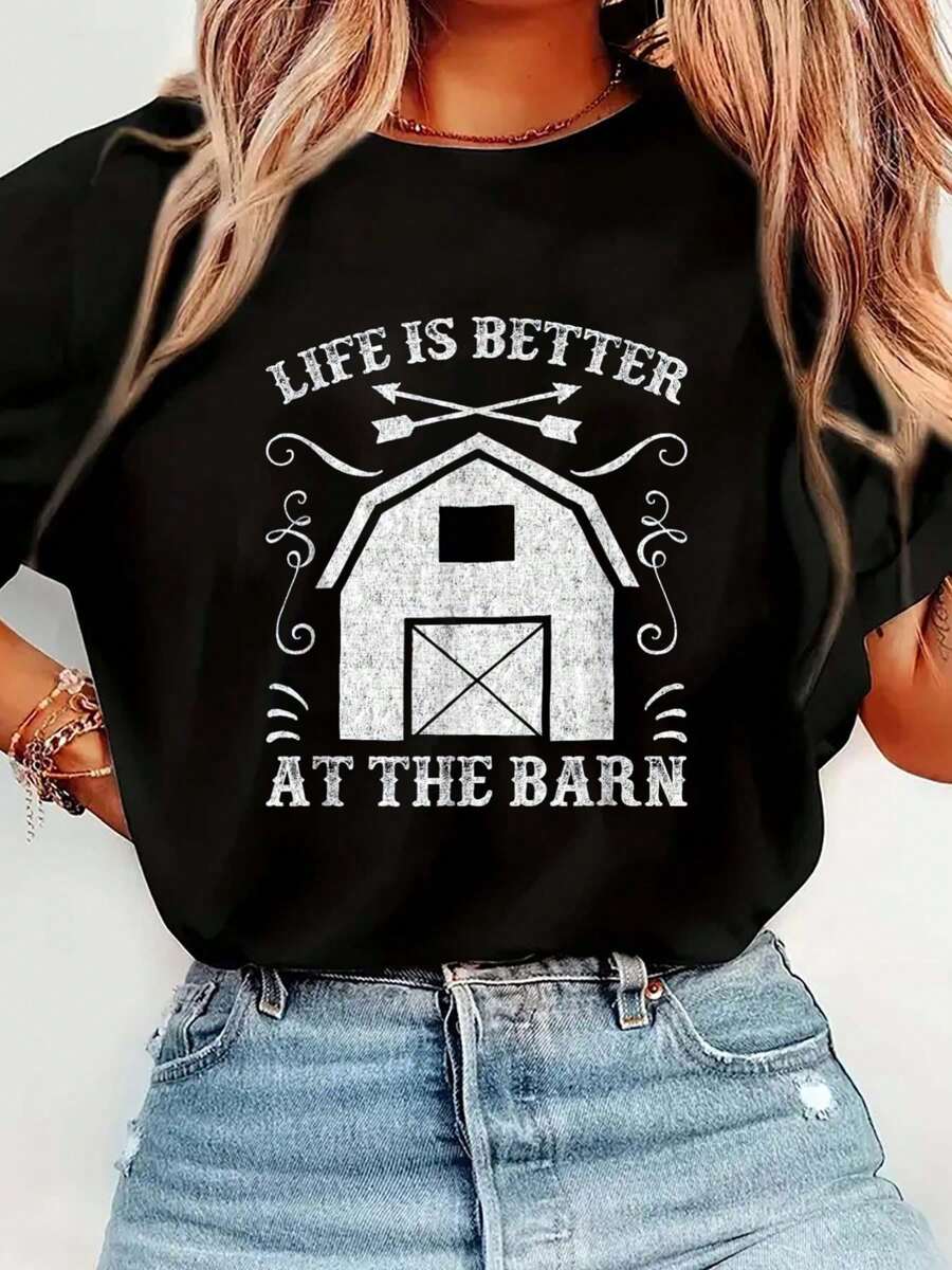 Life Is Better At The Barn Shirt - Funny Farmer T Shirt T-Shirt Print T-Shirt Casual Crew Neck Short Sleeve Comfort Tee Top For Spring & Summer Women's Clothing