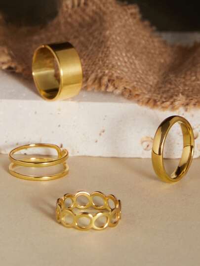 4pcs Stainless Steel Open Band Ring Set For Women, Simple & Stylish, Suitable For Party Or Gift Winter Gifts