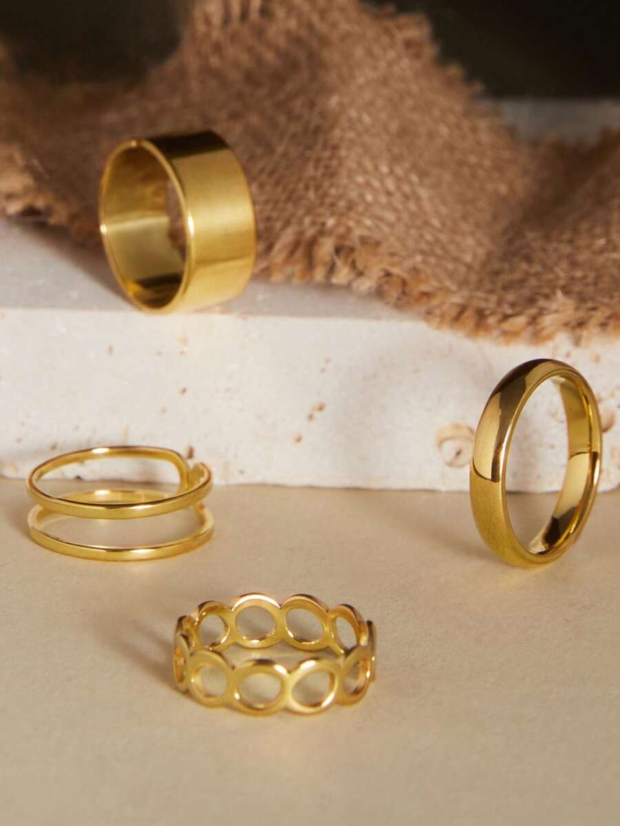 4件套不锈钢开口戒指套装，女士款，简约时尚，适合派对或作为圣诞节冬季礼物。 - 金色 - 查看 1