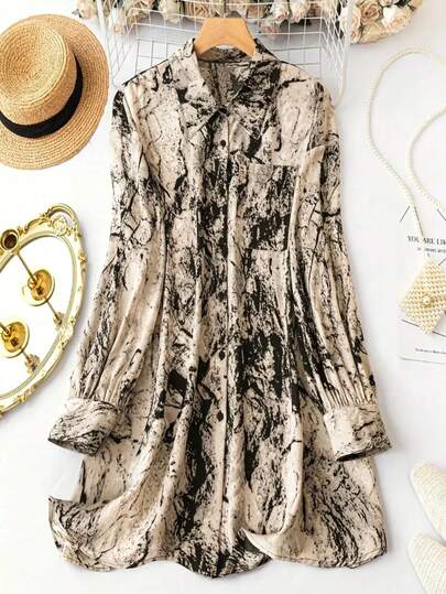 Women's Autumn Bohemian Abstract Print Long Shirt, Front Button, Flared Hem Long Sleeve Top, Create Fashionable Look