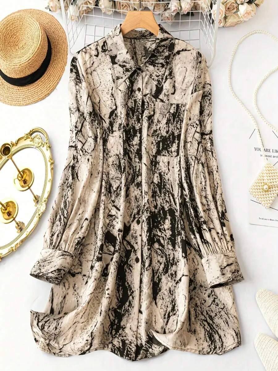 Women's Autumn Bohemian Abstract Print Long Shirt, Front Button, Flared Hem Long Sleeve Top, Create Fashionable Look - Multicolor - View 1