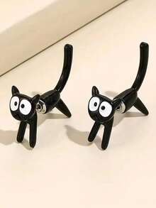 1 Pair Black & White Cat Front And Back Earrings - Black and White - View 3