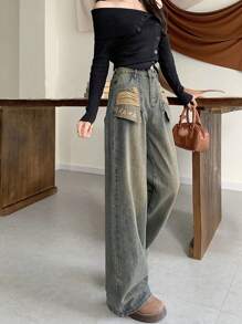 Jupkem Retro Hot Girl Ripped Jeans Women's Niche Straight Tube Versatile Ripped Pocket Irregular Design Sense Mid Waist Hot Girl Slim Fit Wide Leg Mopping Straight Tube Cute Versatile Fashion Street Pants Blue