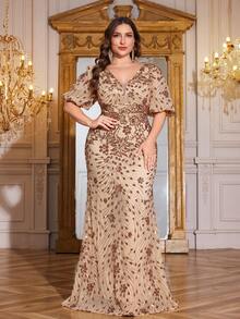 hezixi 大码女士高品质弹力亮片修身 V 领灯笼袖优雅正式礼服适合派对、婚礼、正式晚宴（大量装饰）