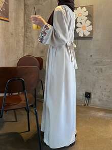 彩色花卉刺绣朴素时尚女士亚麻伊斯兰传统服饰卡夫坦长袍祈祷长袍