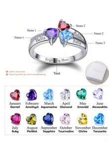 Exquisite And Elegant, 12 Color Birthstone And Custom Name Heart-Shaped Cubic Zirconia Fashion Ring, Women's Jewelry For Mother's Day, Christmas, Anniversaries, Valentine's Day, Thanksgiving, Gifts With Beautiful Commemorative Significance - Silver - View 1
