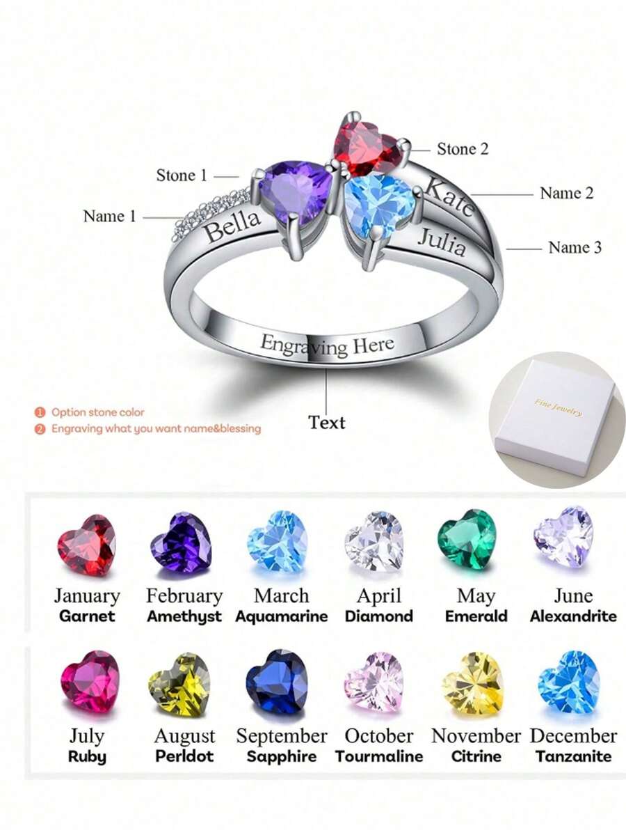 Exquisite And Elegant, 12 Color Birthstone And Custom Name Heart-Shaped Cubic Zirconia Fashion Ring, Women's Jewelry For Mother's Day, Christmas, Anniversaries, Valentine's Day, Thanksgiving, Gifts With Beautiful Commemorative Significance - Silver - View 1