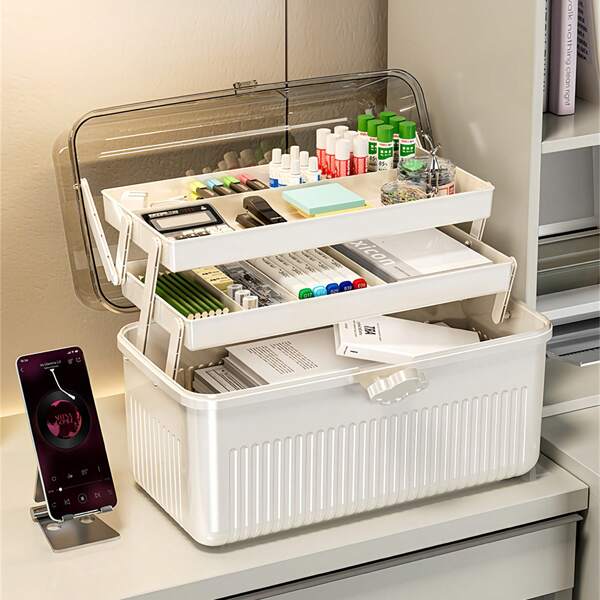 3-Layer High Capacity Multi-Purpose Storage Box With Reinforced Handle - Durable Plastic Organizer Bin Suitable For Medications, Cosmetics, Arts Supplies And Stationery - Portable Design For Home Or Travel Use