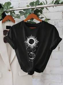 Women's Printed Loose Round Neck Women's Sun And Moon Printed Short Sleeved Shoulder T-Shirt Women's Top