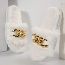 Women's Metallic Chain Sandals - Fluffy & Open Toe For Winter Wear - trắng - Xem 3
