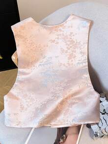 高端优雅竹叶梅花提花缎中式连衣裙，适合春夏季 - 粉色 - 查看 3