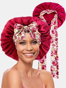 1pc Women Elastic Printed Ribbon Satin Hair Bonnet, 36cm Diameter, Head Wrap Cap Suitable For Daily Use - Multicolor - View 1